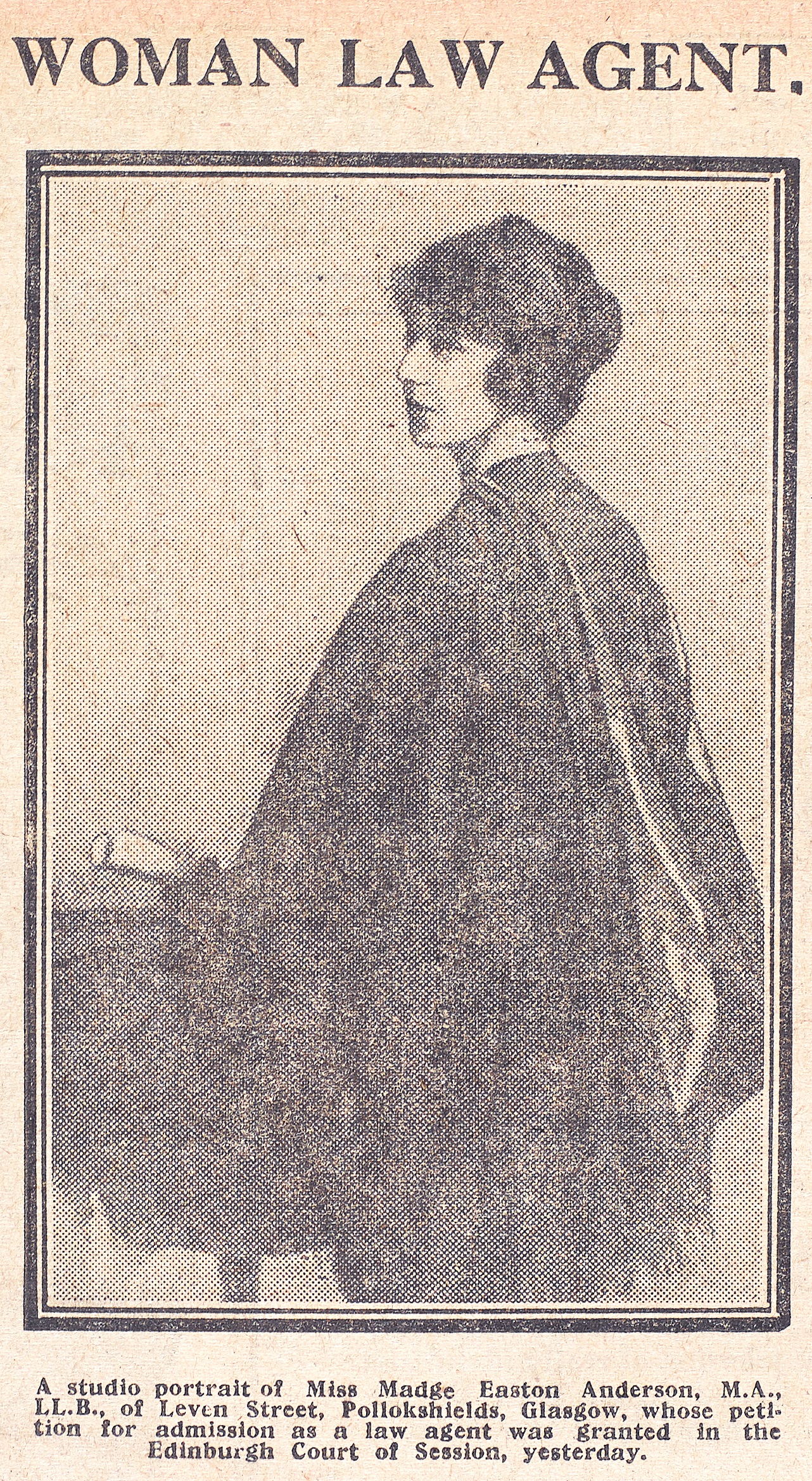 Photograph of Madge Easton Anderson featured in a Daily Record newsclipping. Article is titled 'Women Law Agent' 