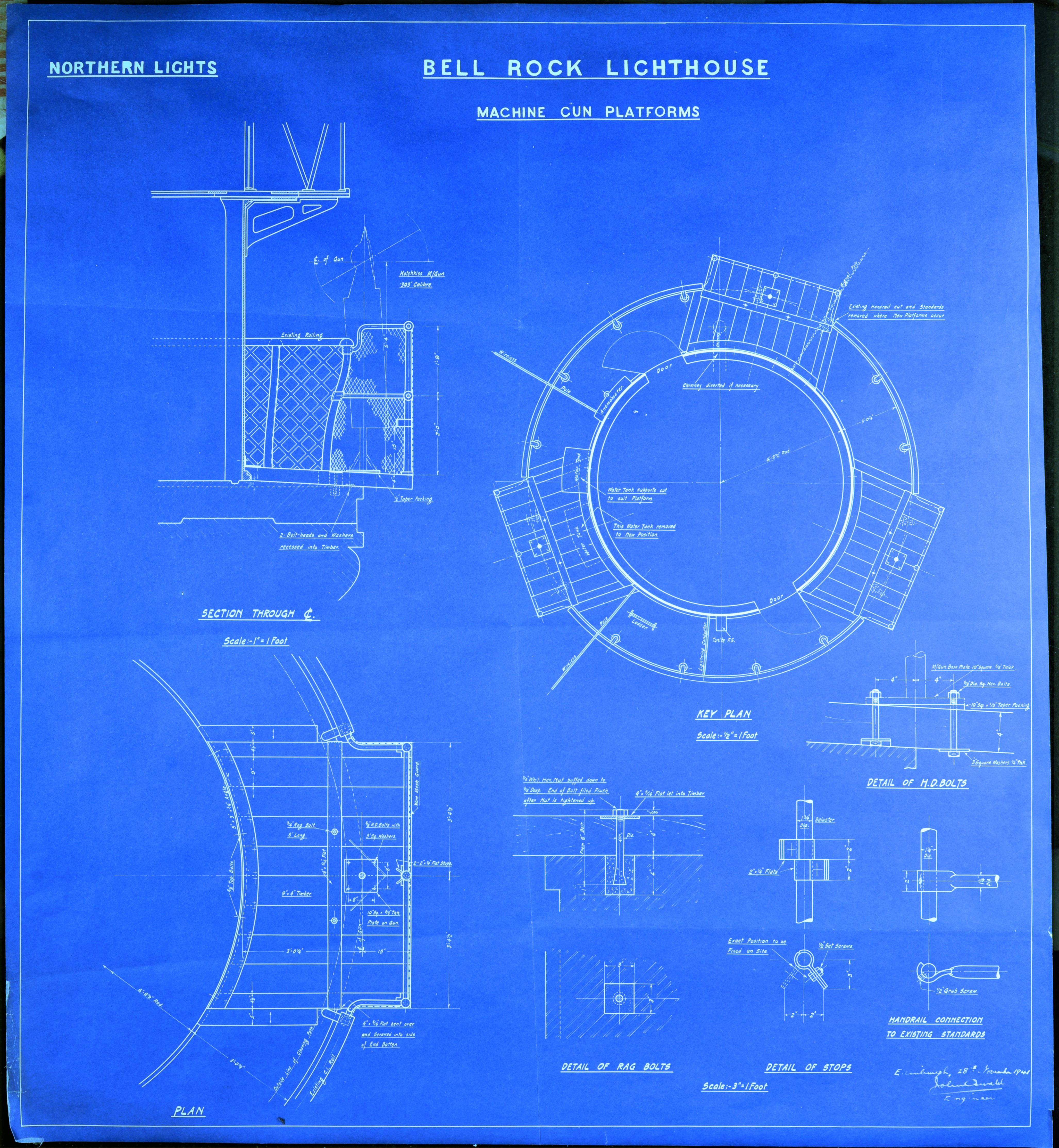 Plan of the Bell Rock Lighthouse balcony, showing where the machine gun platforms will be positioned.