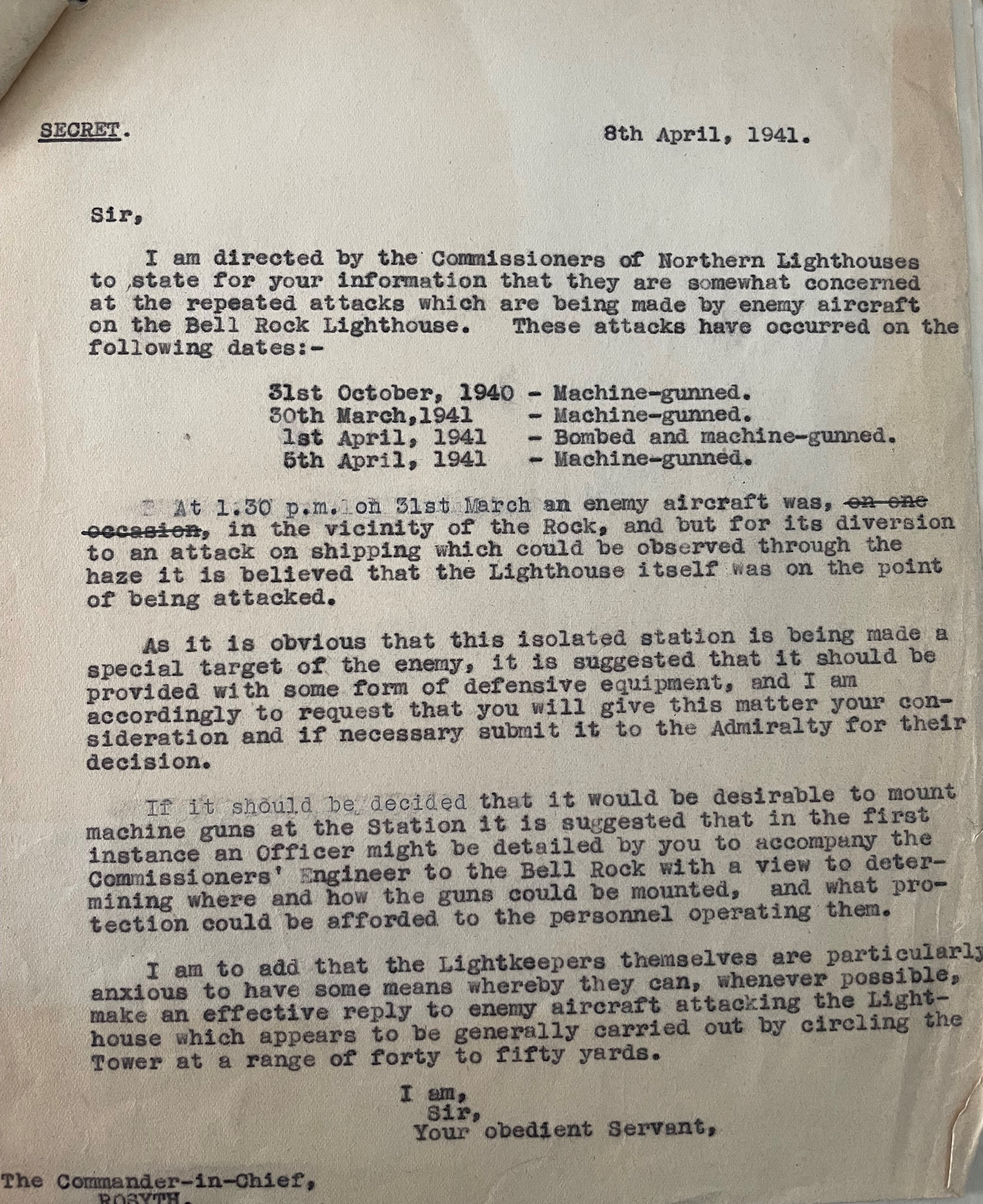 Letter from the Commander in Chief, 8 April 1941 detailing the attacks on the Bell Rock Lighthouse