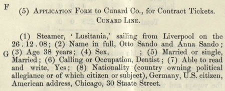 Application form for tickets aboard the Lusitania (NRS, Crown Copyright, AD21/5/39)