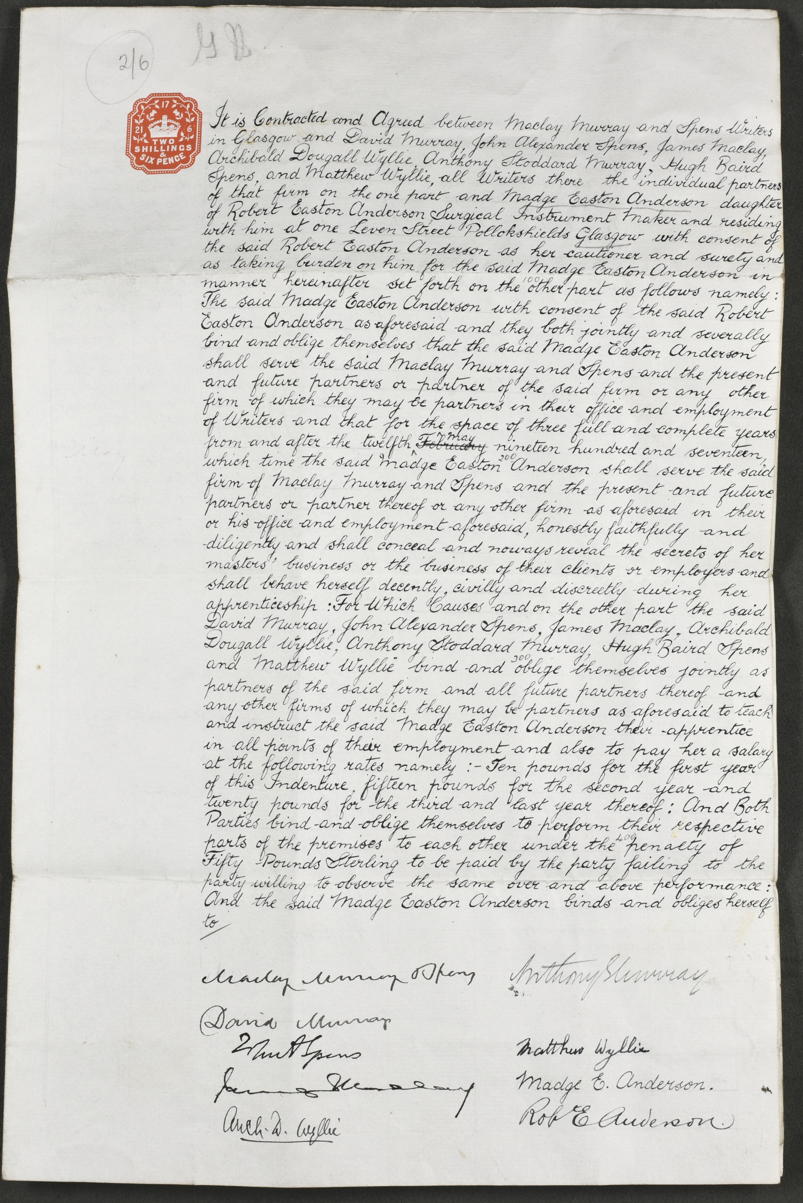First page of Glasgow Sheriff Court Deed Warrant recording Madge Easton Anderson's apprenticeship