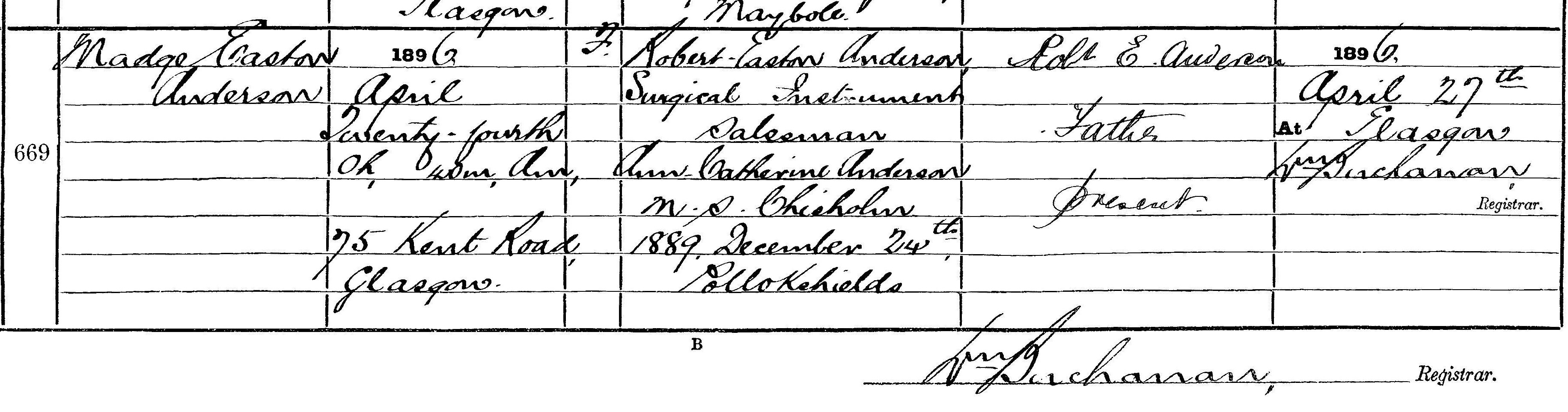 Register of Births entry for Madge Easton Anderson
