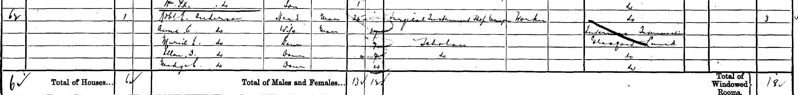 The Anderson family details on the enumeration form for the 1901 census. They are enumerated at 75 Kent Road, Glasgow