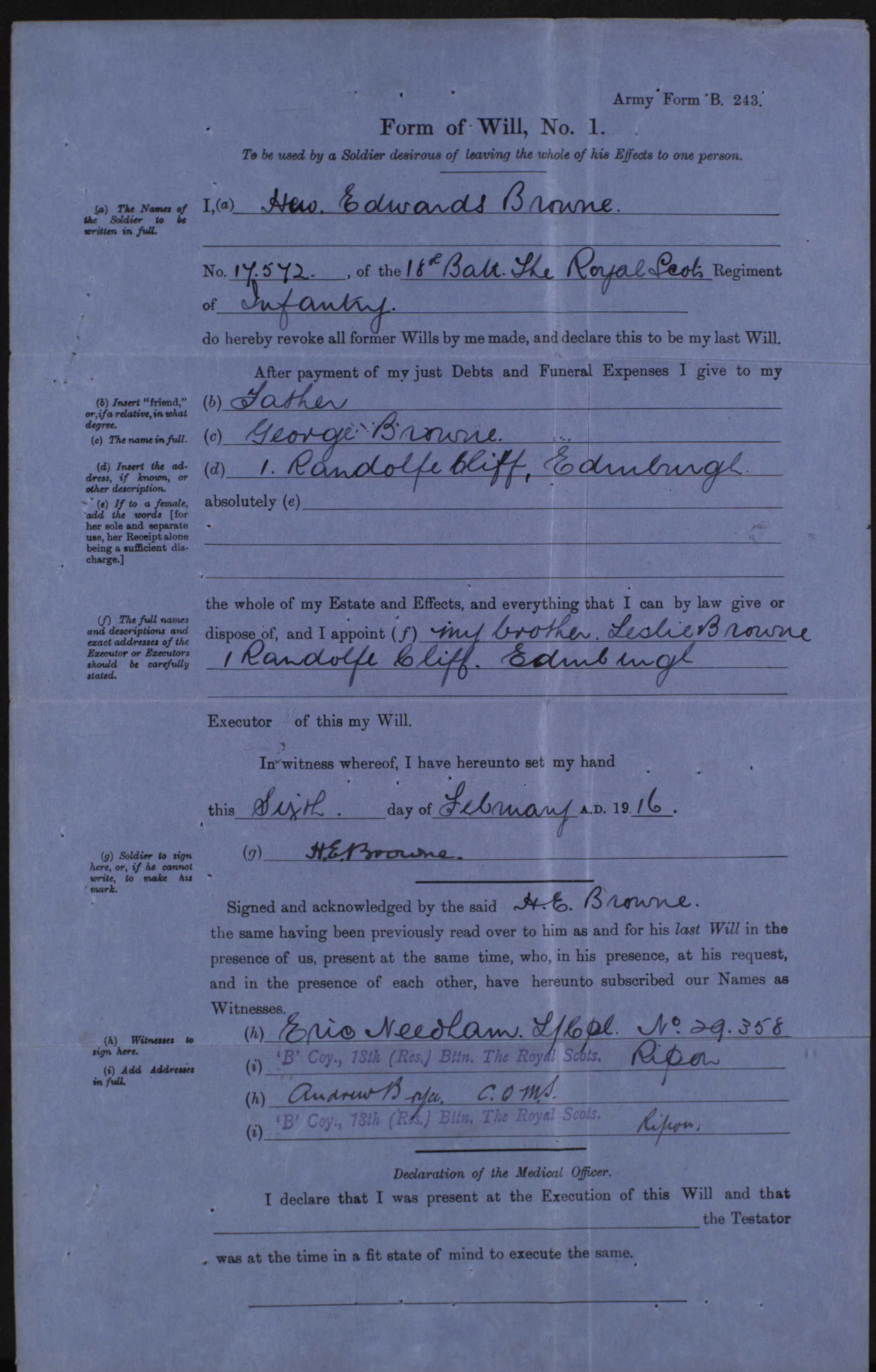 Will of Private Hew Edwards Browne (National Records of Scotland, SC70/8/1034/6/4)