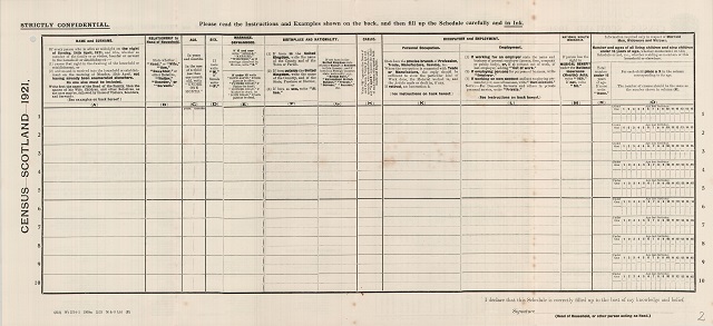 Reverse side of specimen sample of Schedule A, 1921 census, Scotland. Crown copyright, National Records of Scotland, GRO6/478/3, page 2