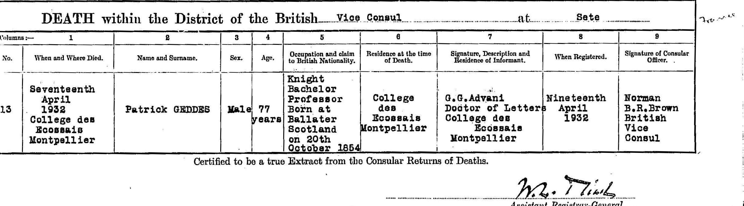 Death entry for Patrick Geddes, 1932