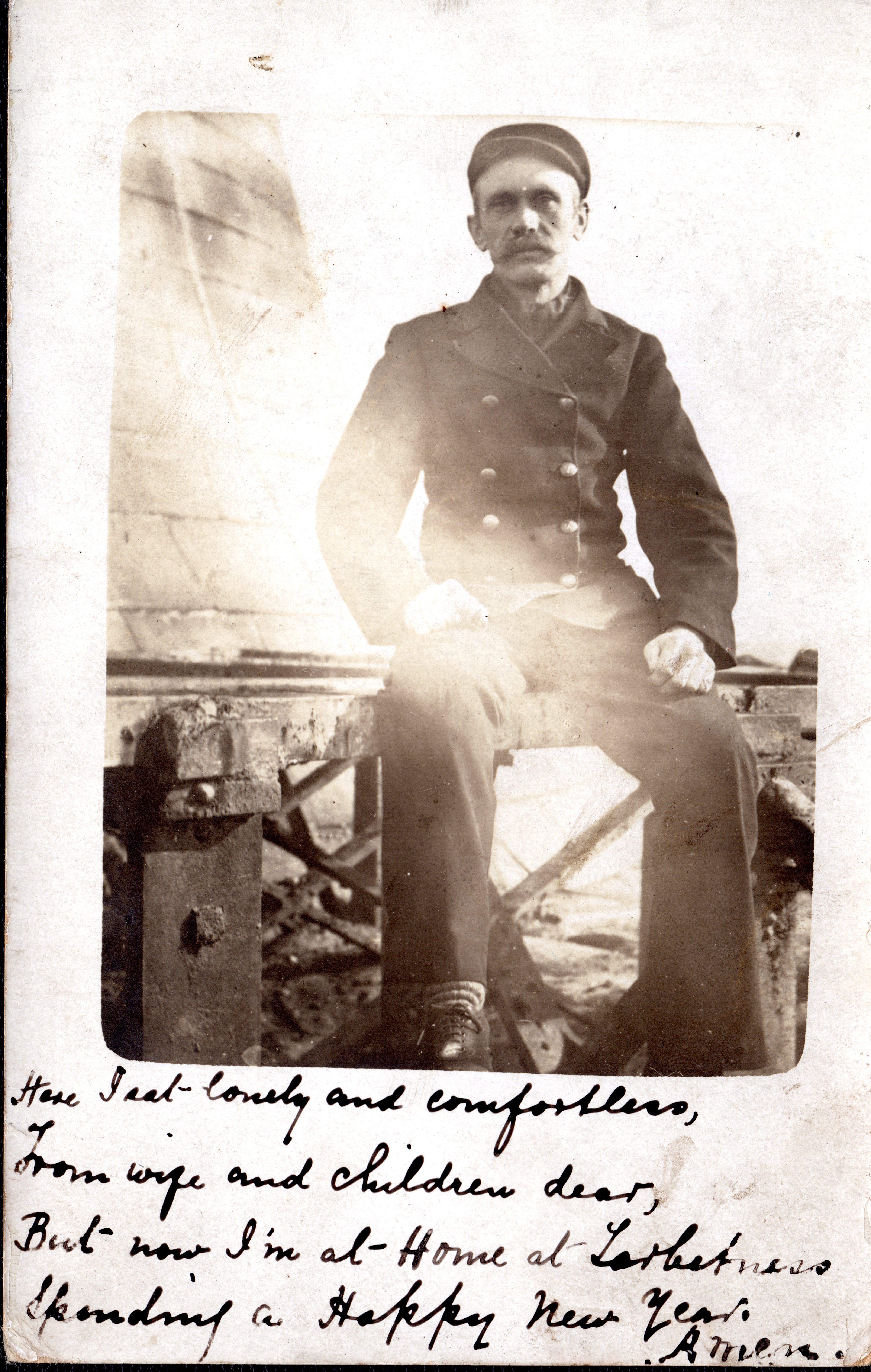 Photograph of lightkeeper, believed to be John Brown Henderson, sitting outside. There is a handwritten poem underneath.
