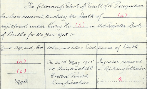 Detail of Register of Corrected Entries, National Records of Scotland, Gretna, 827, vol 1 pp.124-129