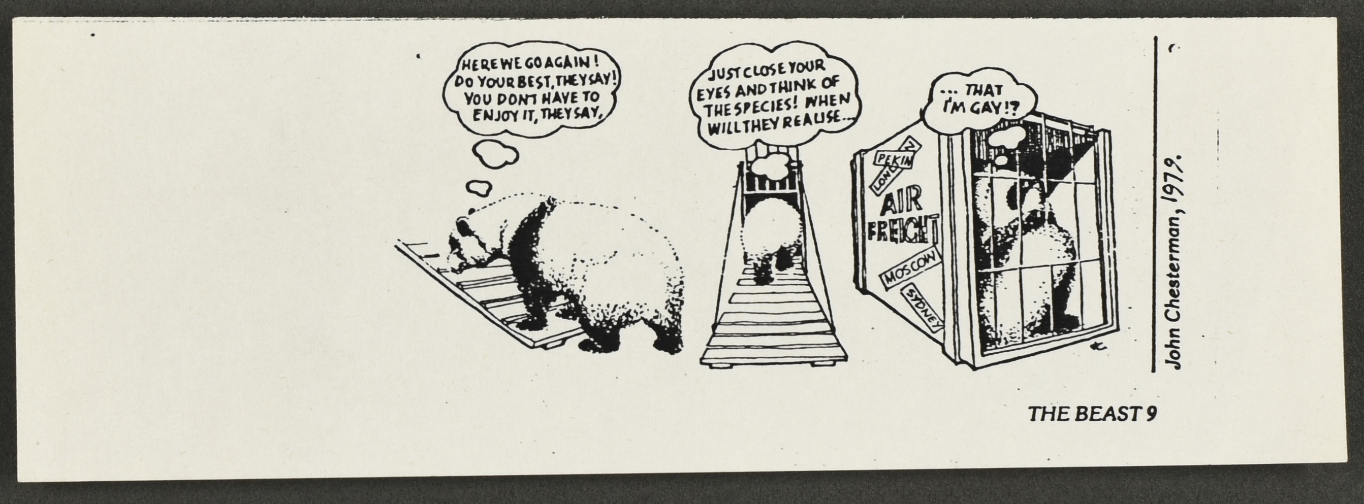 Cartoon of frustrated gay panda, used to for breeding offspring