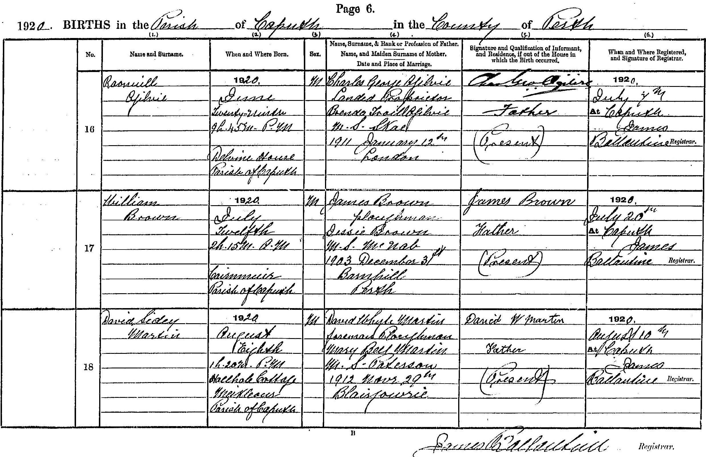 James Ballantine's signature in the Statutory Register of Births, 1920