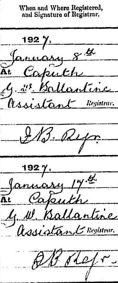 Georgina Ballantine signs as the 'assistant Registrar' in the Statutory Register of Births, 1927