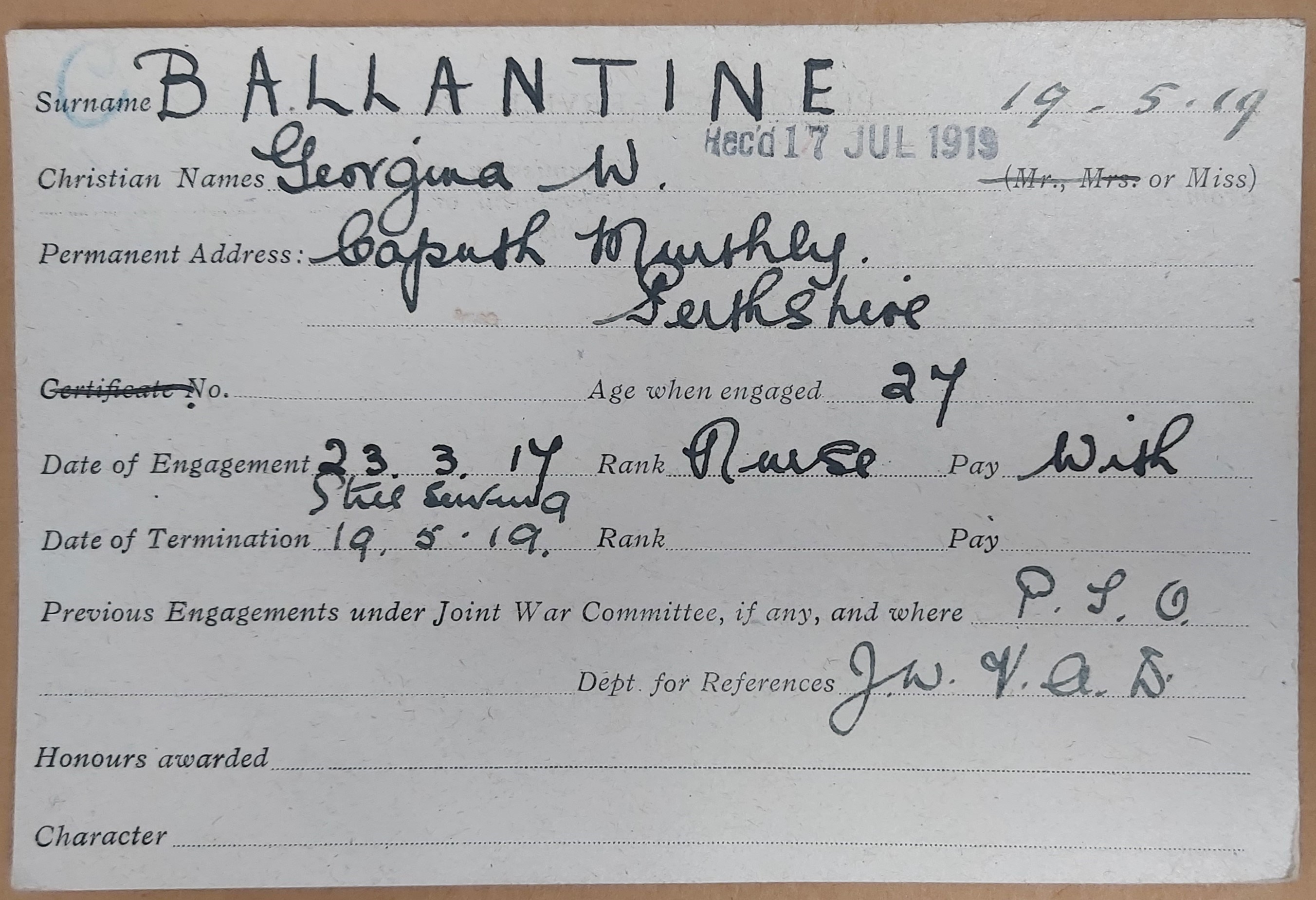 Georgina Ballantine's VAD card
