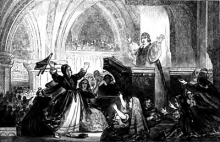 Illustration of Jenny Geddes throwing the stool at Minister Hannay. From 'Witnesses for the Truth in the Church of Scotland' by W.P. Kennedy, 1843.  Public domain, taken from www.archive.org