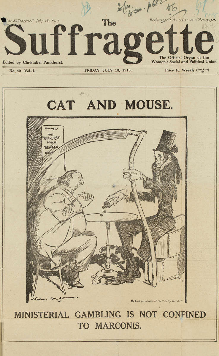 Image of the front cover of The Suffragette newspaper. The headline reads ‘Cat and Mouse: Ministerial Gambling is not Confined to Marconis’ and features an illustration of the Grim Reaper playing dice with a minister.
