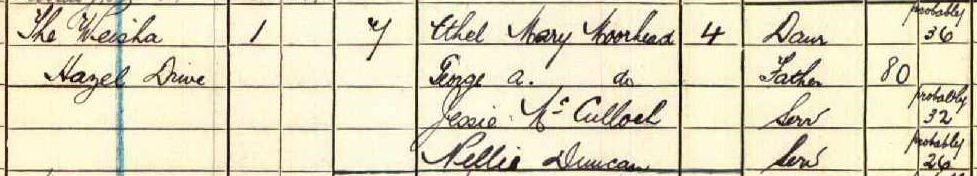 Ethel Moorhead noted in the 1911 census enumeration book for Hazel Drive, Perth Road, Dundee. 
