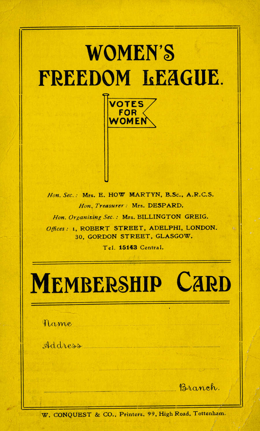 Image of a yellow Women’s Freedom League membership card.
