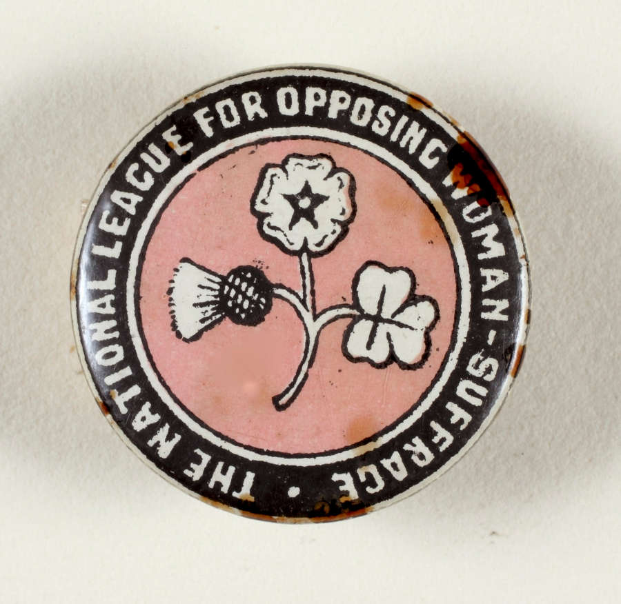 Image of the National League for Opposing Woman-Suffrage badge. Features an illustration of a plant with the head of a thistle, rose and clover, denoting Scotland, England and Ireland.