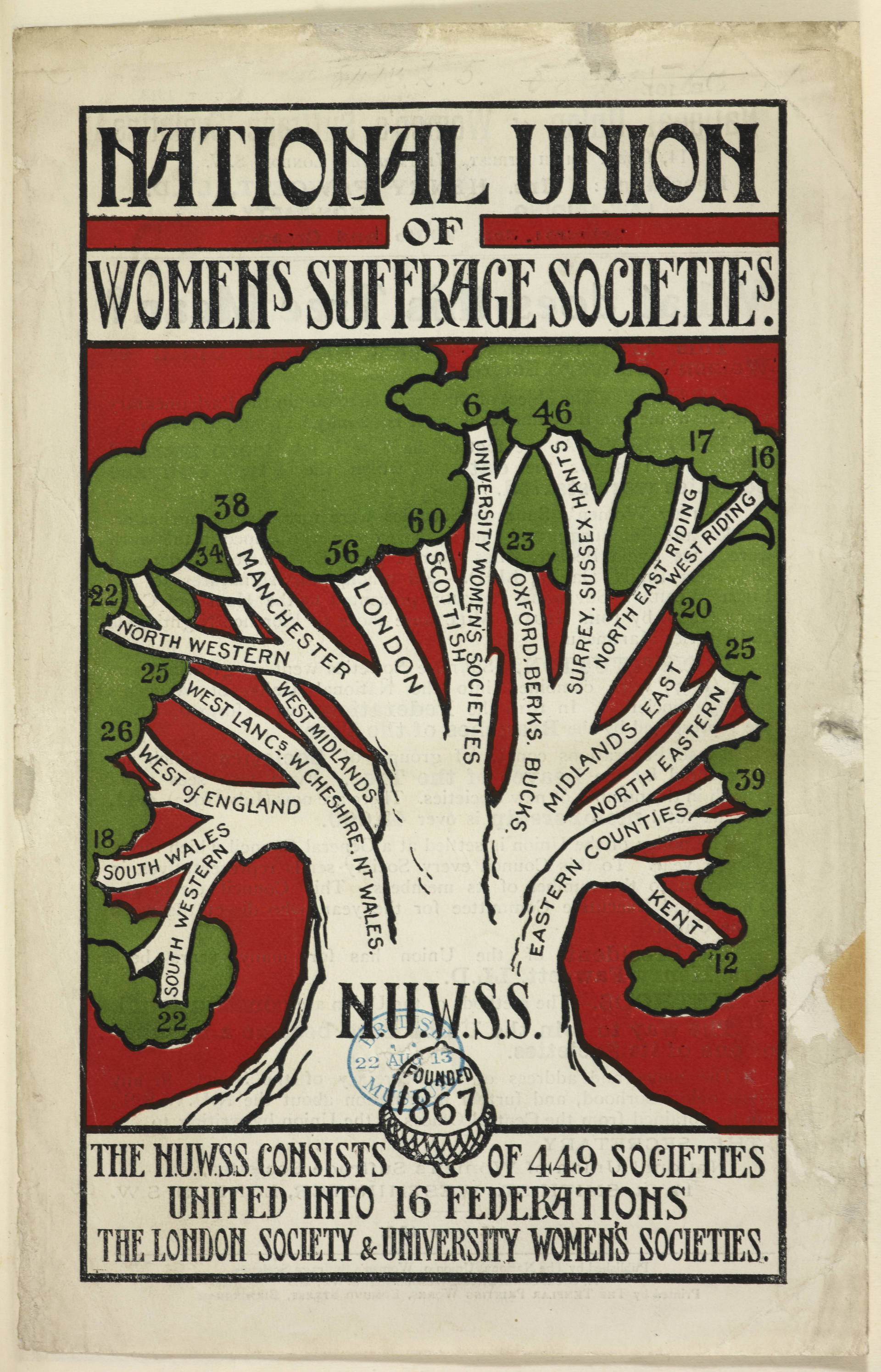 Image of the front cover of a National Union of Women’s Suffrage Societies leaflet featuring an illustrated tree with several branches. Each branch has a place name – ‘Manchester’, ‘London’ etc. – referencing the different branches of the society.