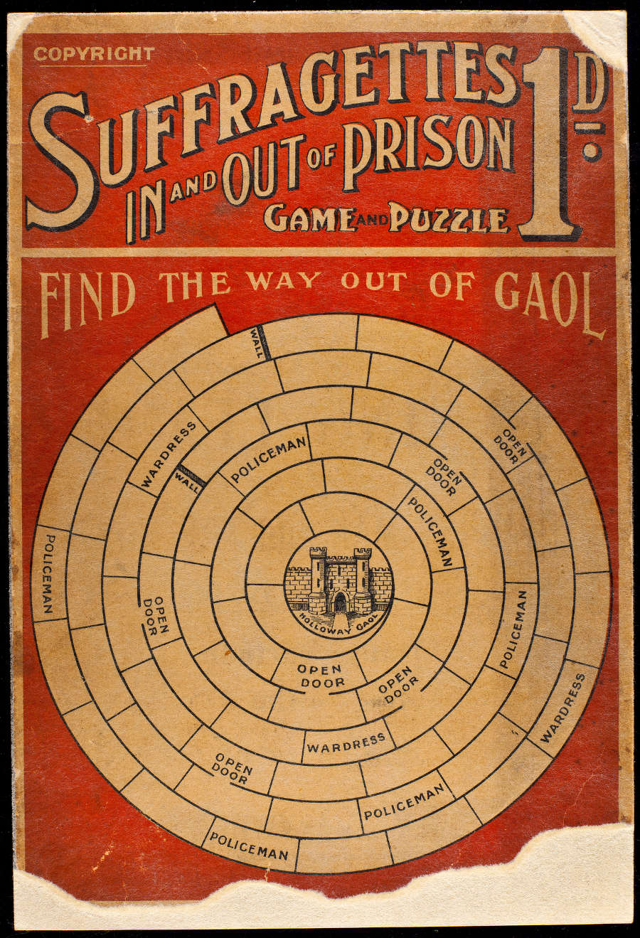 Image of the front cover of the ‘Suffragettes In and Out of Prison Game and Puzzle’.