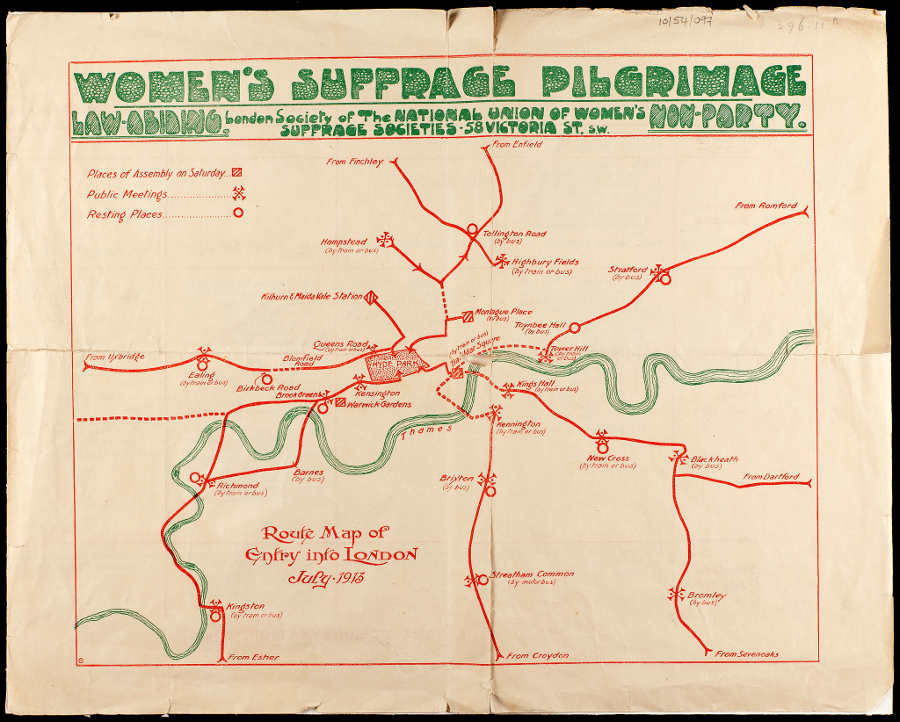 Image of hand drawn map showing the different entry points in London for the Women’s Suffrage Pilgrimage.