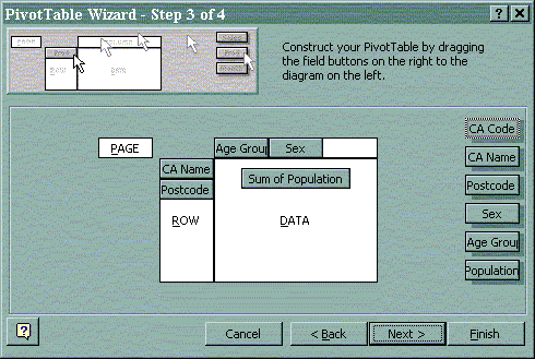 Image displaying the PivotTable Wizzard Step 3 of 4