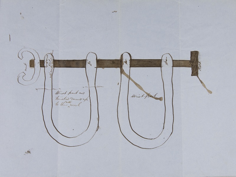 The sketch of the handcuffs used by his family to shackle Angus. This was used as evidence in his trial