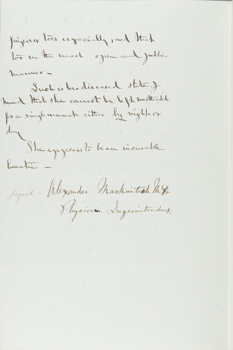 Medical Report into the present state of mind of Elizabeth Gilchrist or Brown by Alexander Mackintosh M.D., Physician Superintendent at Royal Asylum Gartnavel, 18th September 1867, page 2