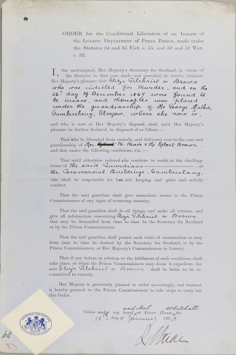 The order for Elizabeth’s conditional liberation under the guardianship of Mr George Mathie and Mrs Mary Mair, 12th January 1889