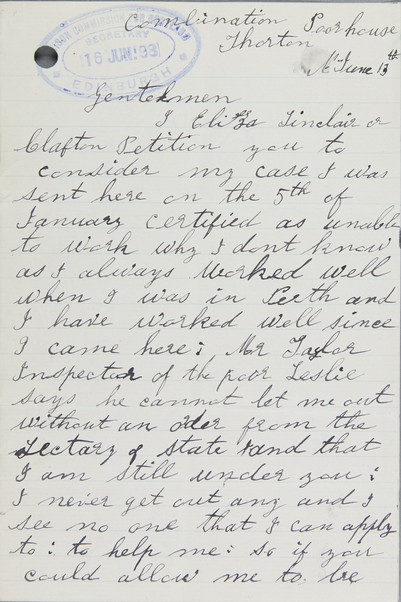 Eliza writes to the Prison Commissioners asking for a letter to say that they are responsible for her so she can be released from the poorhouse. page 1