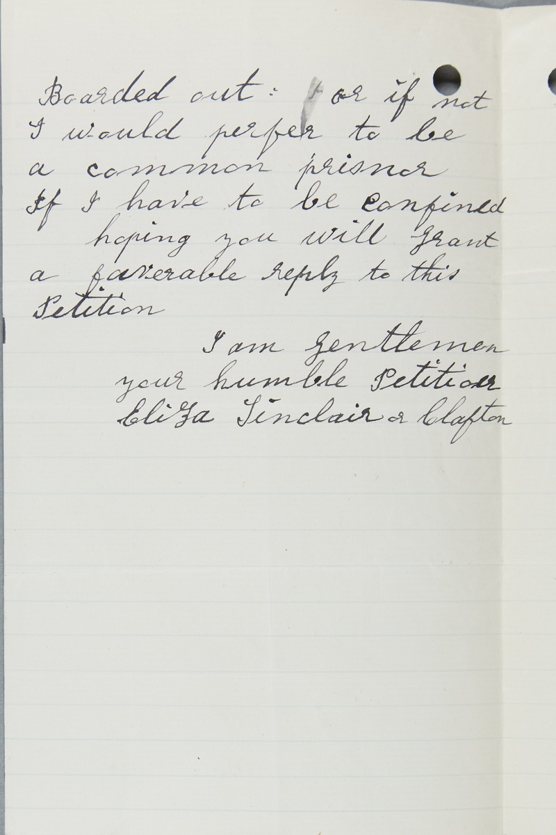 Eliza writes to the Prison Commissioners asking for a letter to say that they are responsible for her so she can be released from the poorhouse. page 1