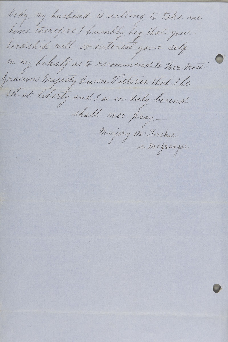 Letter written by Marjory to the Secretary of State for the Home Department stating that she is ‘through the mercy of God both perfectly well in both mind and body’ and requests her freedom from prison, 3rd April 1863, page 2