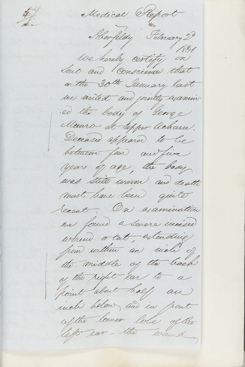 Post mortem report into the death of George Munro by William Menzies M.D. and J.B. Reid, Surgeon, 2nd February 1861, page 1