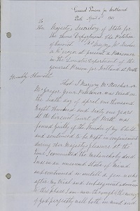 Letter written by Marjory to the Secretary of State for the Home Department stating that she is ‘through the mercy of God both perfectly well in both mind and body’ and requests her freedom from prison, 3rd April 1863, page 1