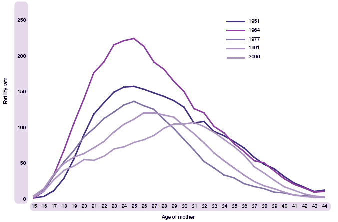 image of Figure 1.13 Live births per 1,000 women, by age, selected years