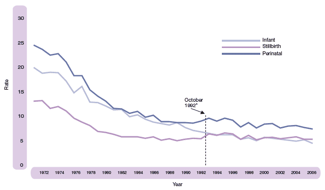 image of Figure 1.17 Stillbirth, perinatal and infant death rates, per 1,000 total births, Scotland 1971-2006