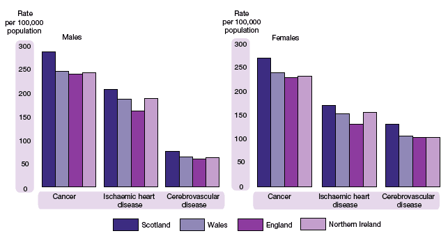 image of Figure 1.21 Age-adjusted mortality rates, by selected cause and sex, 2005