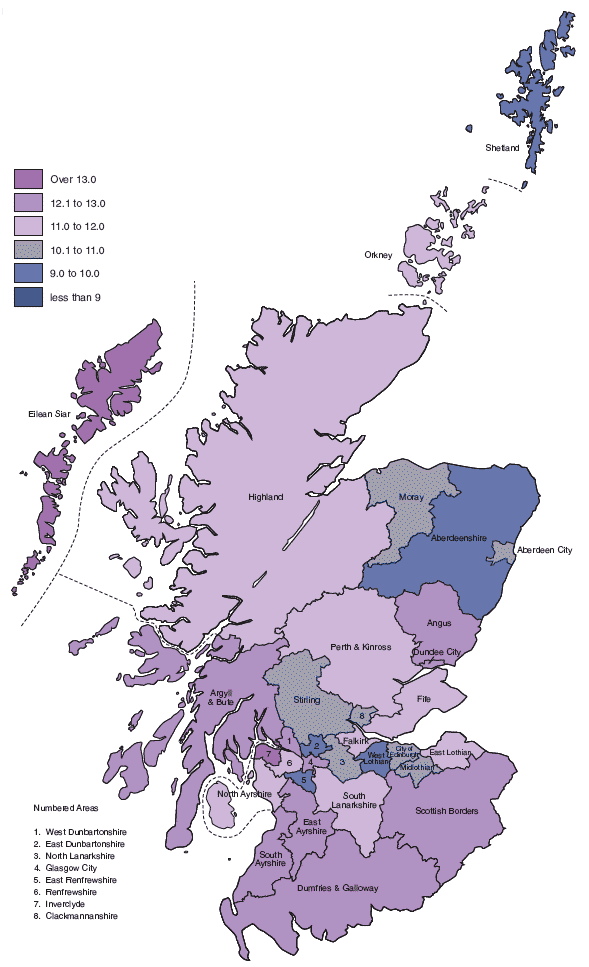 image of Figure 2.2a Crude death rates, per 1,000 population, by Council area, 2001-05