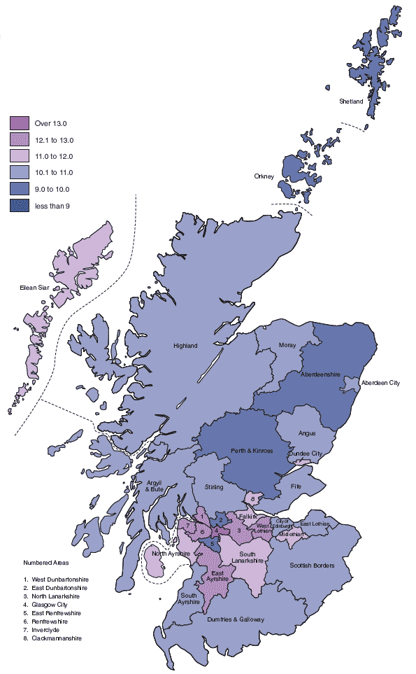 image of Figure 2.2b Standardised death rates, per 1,000 population, by Council area, 2001-05