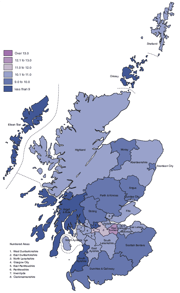 image of Figure 2.9a Crude birth rates, per 1,000 population, by Council area, 2001-05