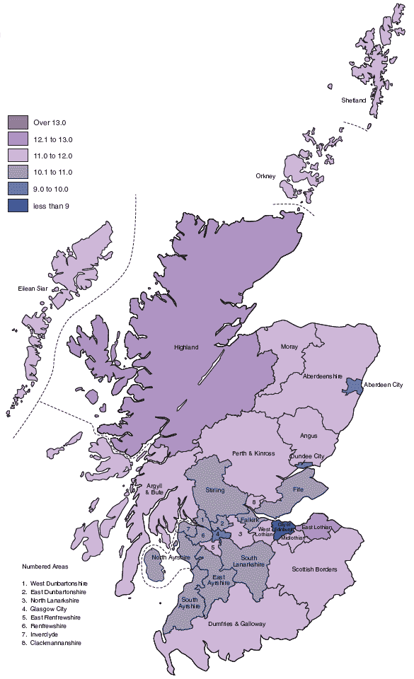 image of Figure 2.9b Standardised birth rates, per 1,000 population, by Council area, 2001-05