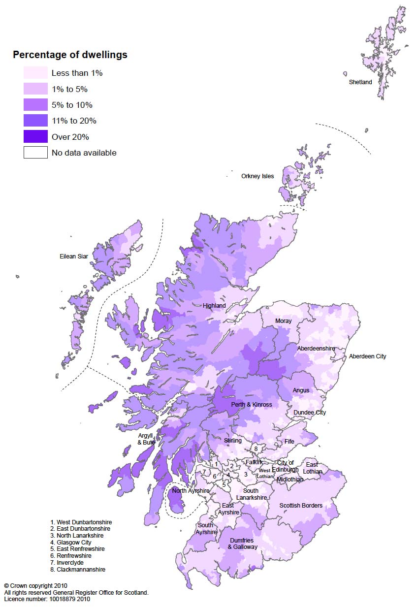 Figure 9.10 Percentage of dwellings which are second homes, in each data zone in Scotland, 2009
