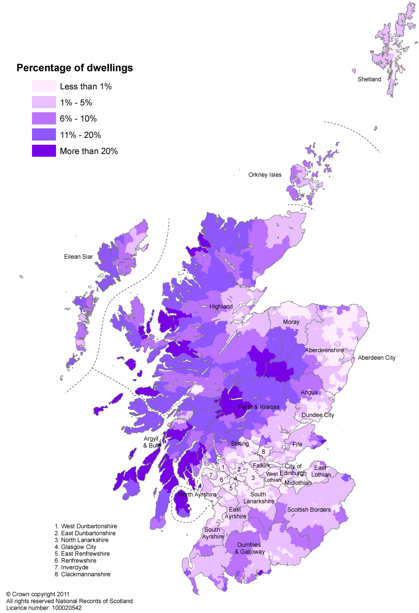 Figure 9.10 Percentage of dwellings which are second homes, in each data zone in Scotland, 2010