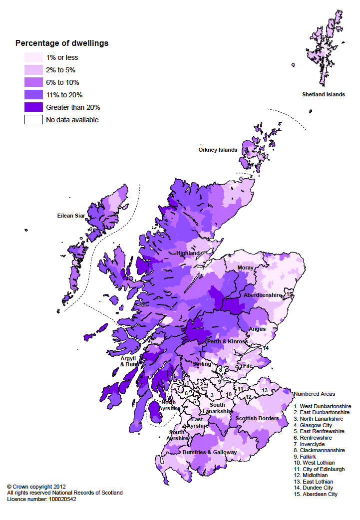 Figure 9.11 Percentage of dwellings which are second homes, in each data zone in Scotland, 2011