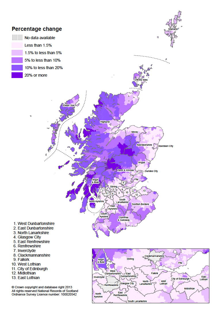 Figure 8.11: Percentage of dwellings which are second homes, in each data zone in Scotland, 2012