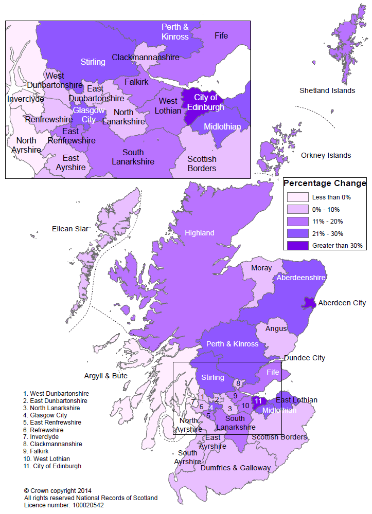 Map showing projected percentage change in households by Council area, 2012 to 2037
