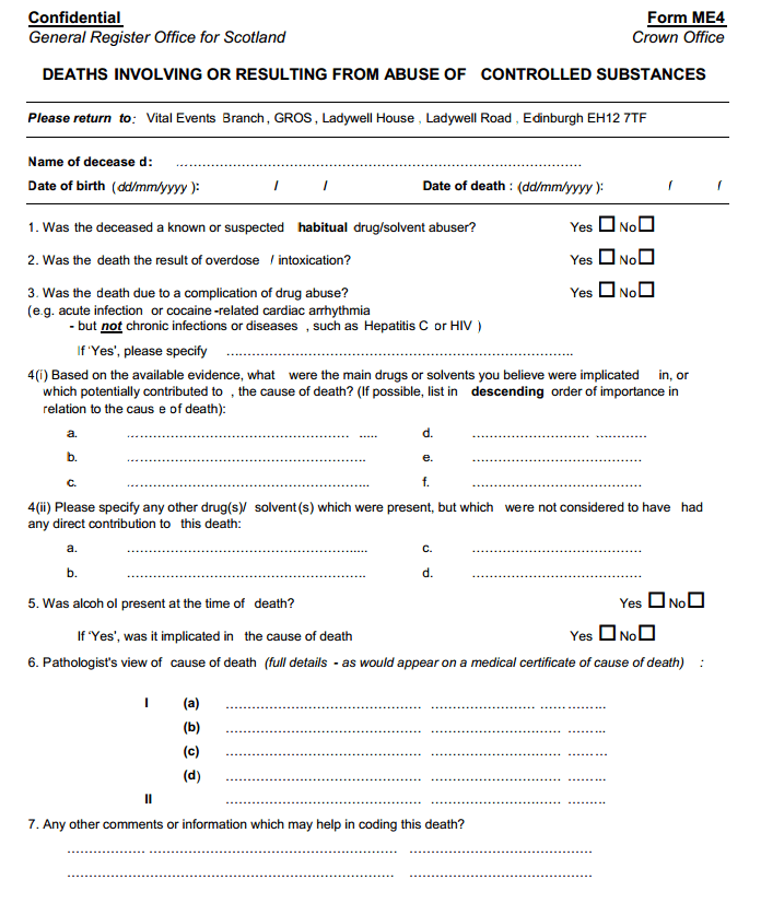 Image showing the questionnaire used to obtain further information about drug-related deaths, from 2008 to 2013