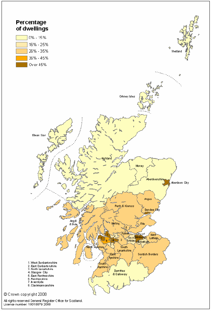 Map 1: Percentage of dwellings which are flats in each local authority area, 2007