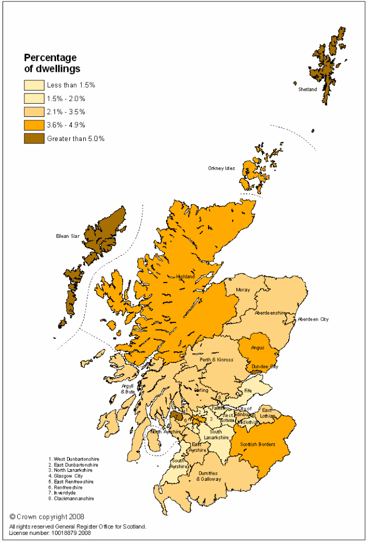 Map 2: Percentage of dwellings which are vacant in each local authority area, 2007