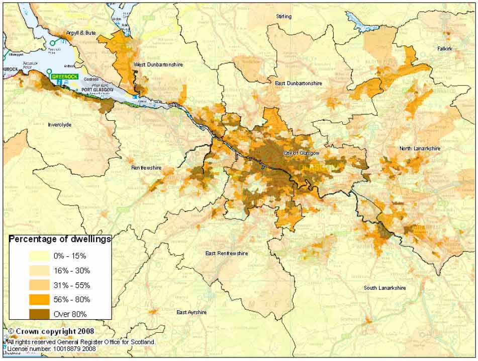 Map 3: Percentage of dwellings which are flats in each data zone in Glasgow and the surrounding areas, 2007