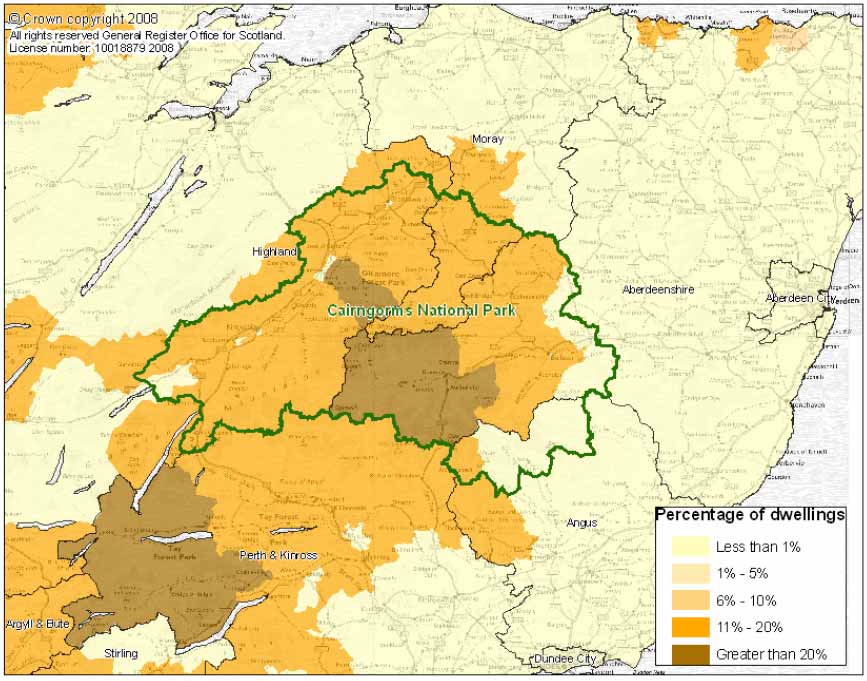 Map 4: Percentage of dwellings which are second homes, in each data zone in and around the Cairngorms National Park area, 2007